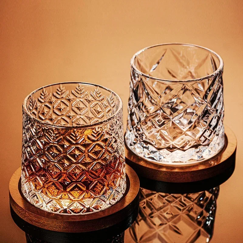 Rotating Whisky Glass Cup with Bamboo Coaster