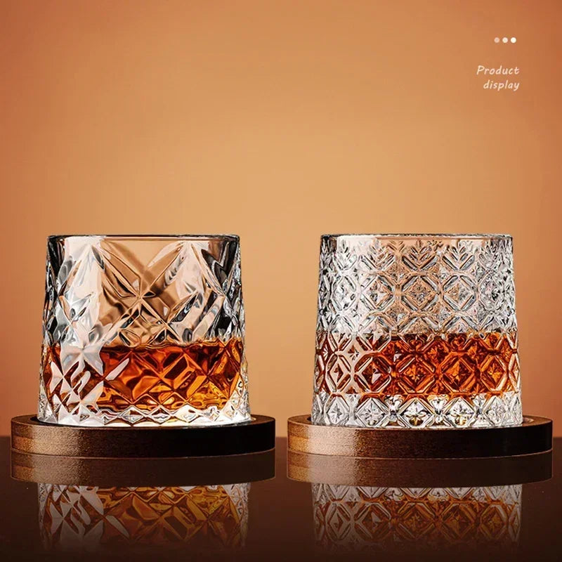 Rotating Whisky Glass Cup with Bamboo Coaster