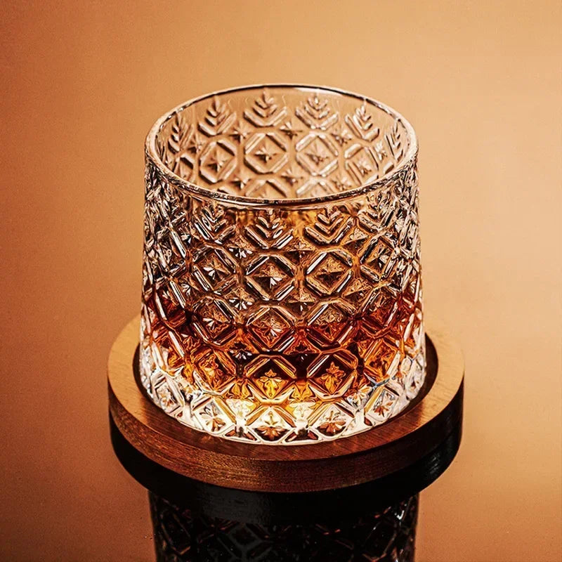 Rotating Whisky Glass Cup with Bamboo Coaster