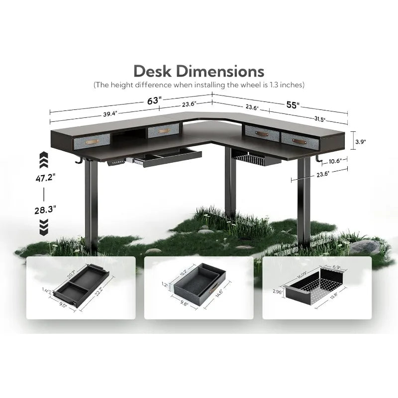 Triple Motor L Shaped Standing Desk with Drawers