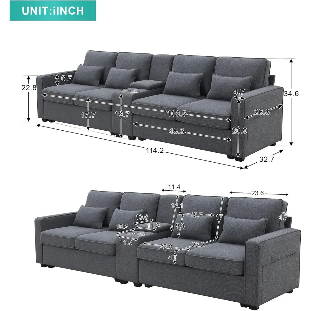 Sectional Sofa with Console 4-Seat Couch