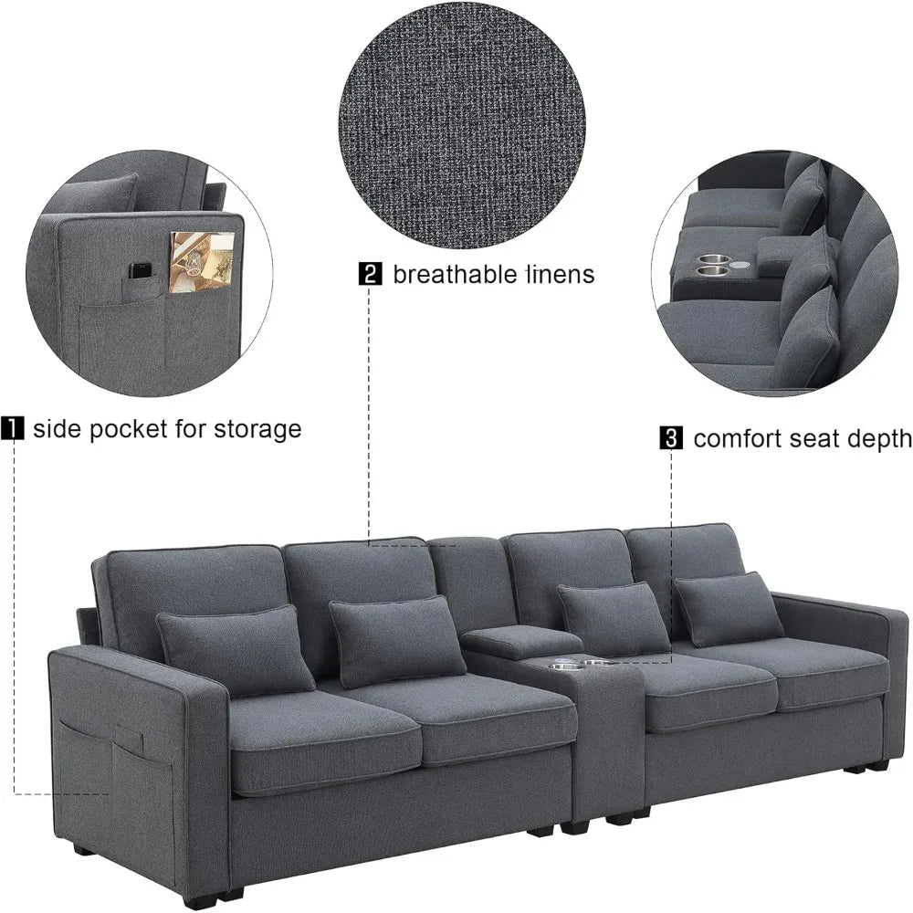 Sectional Sofa with Console 4-Seat Couch