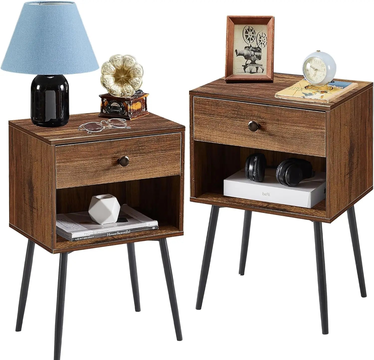 Industrial 2-Tier Night Stand/Side Table, Set of 2